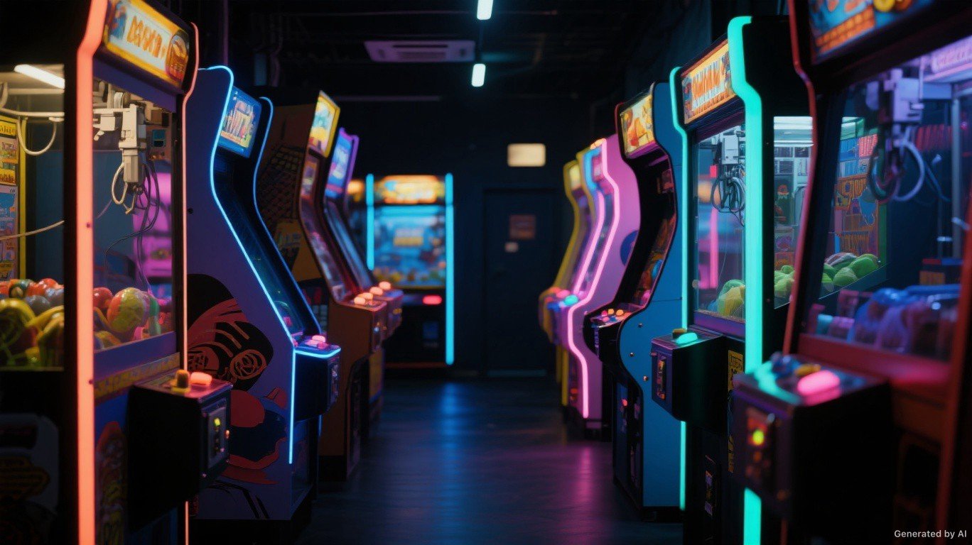 Hilera de grúas de peluches o claw machines iluminadas en un salón de juegos