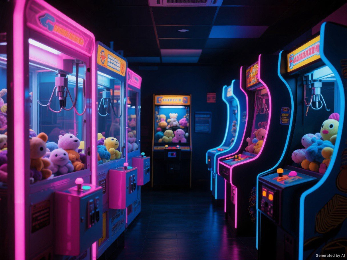 Sala de arcade con varias máquinas pelucheras iluminadas con luces neón