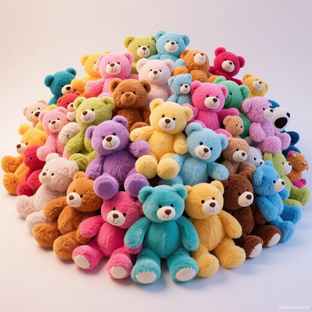 Pila de peluches de colores listos para cargar en la máquina peluchera