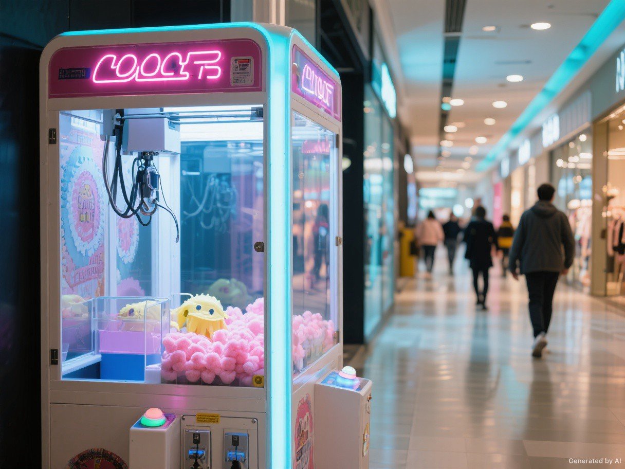 Máquina peluchera instalada en el pasillo de un shopping