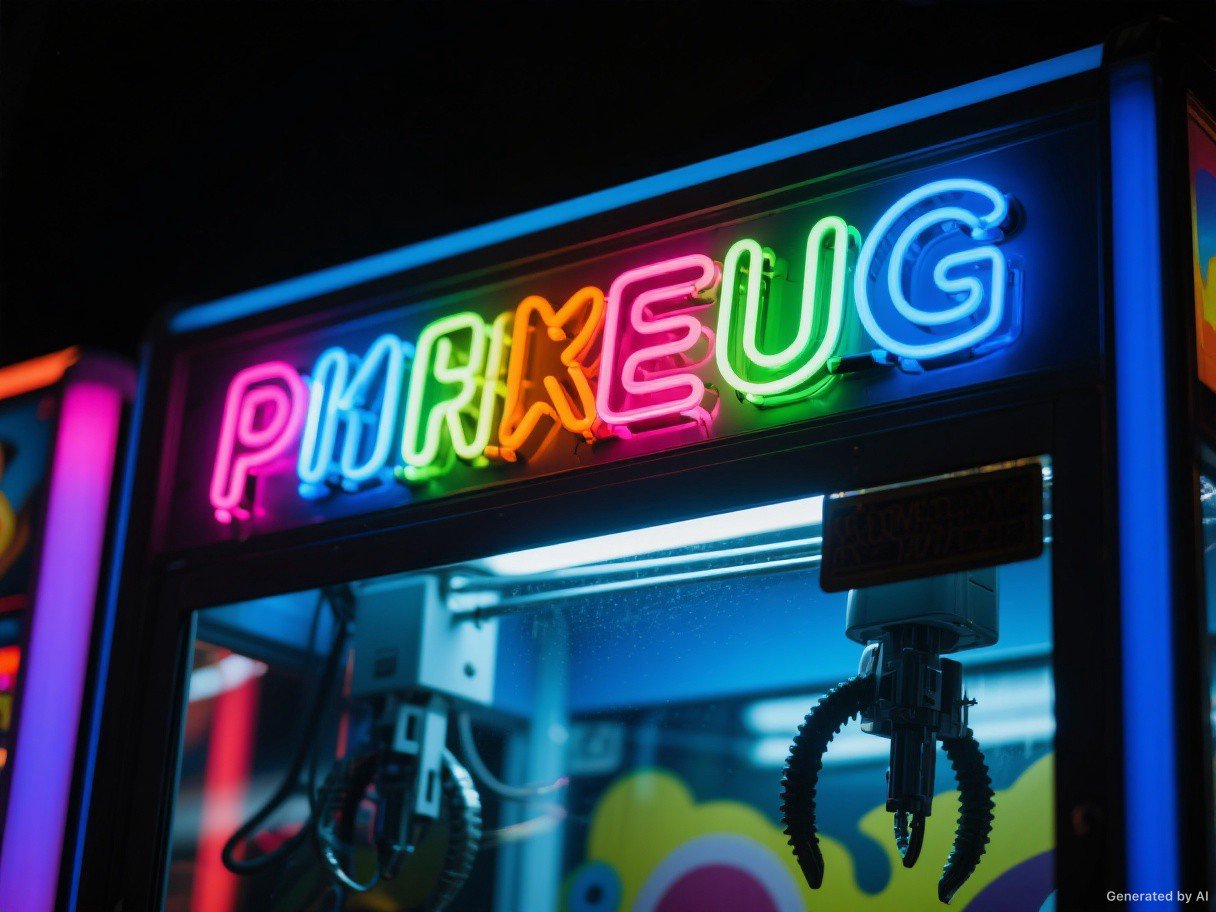 Cartel luminoso LED de colores sobre una máquina peluchera de noche